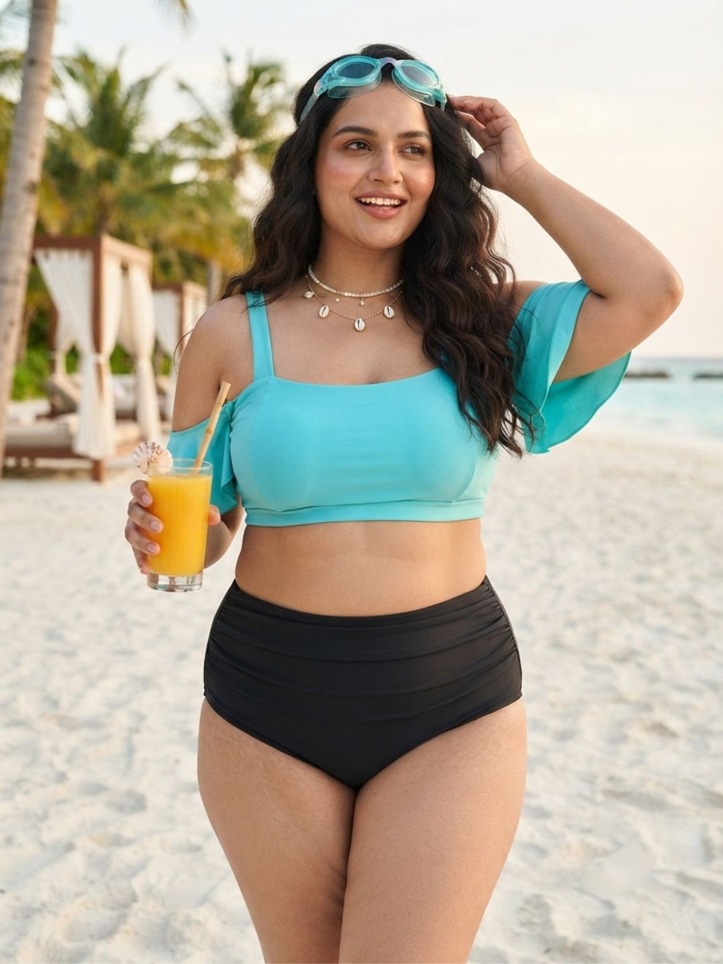 Cyan Frill Black Ruched Set (2 Pcs)