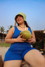Woman in a blue swimsuit 