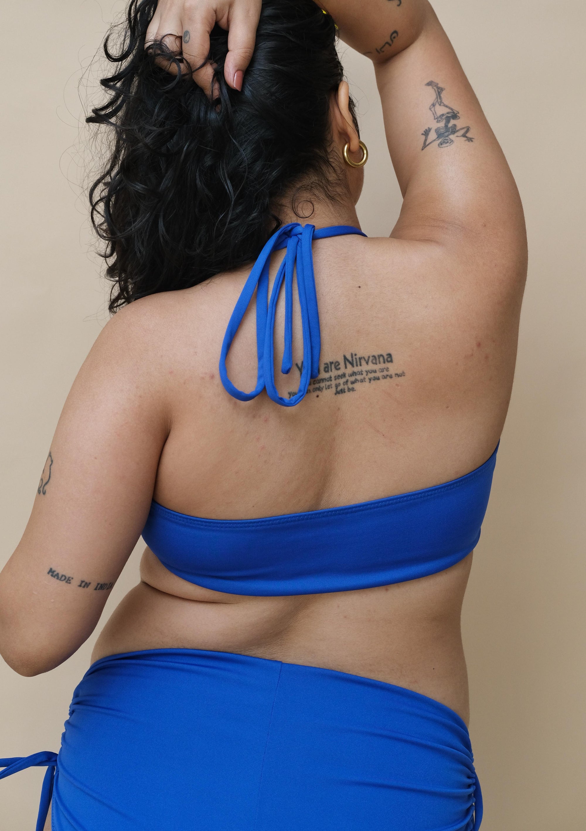 Woman wearing a blue bikini set