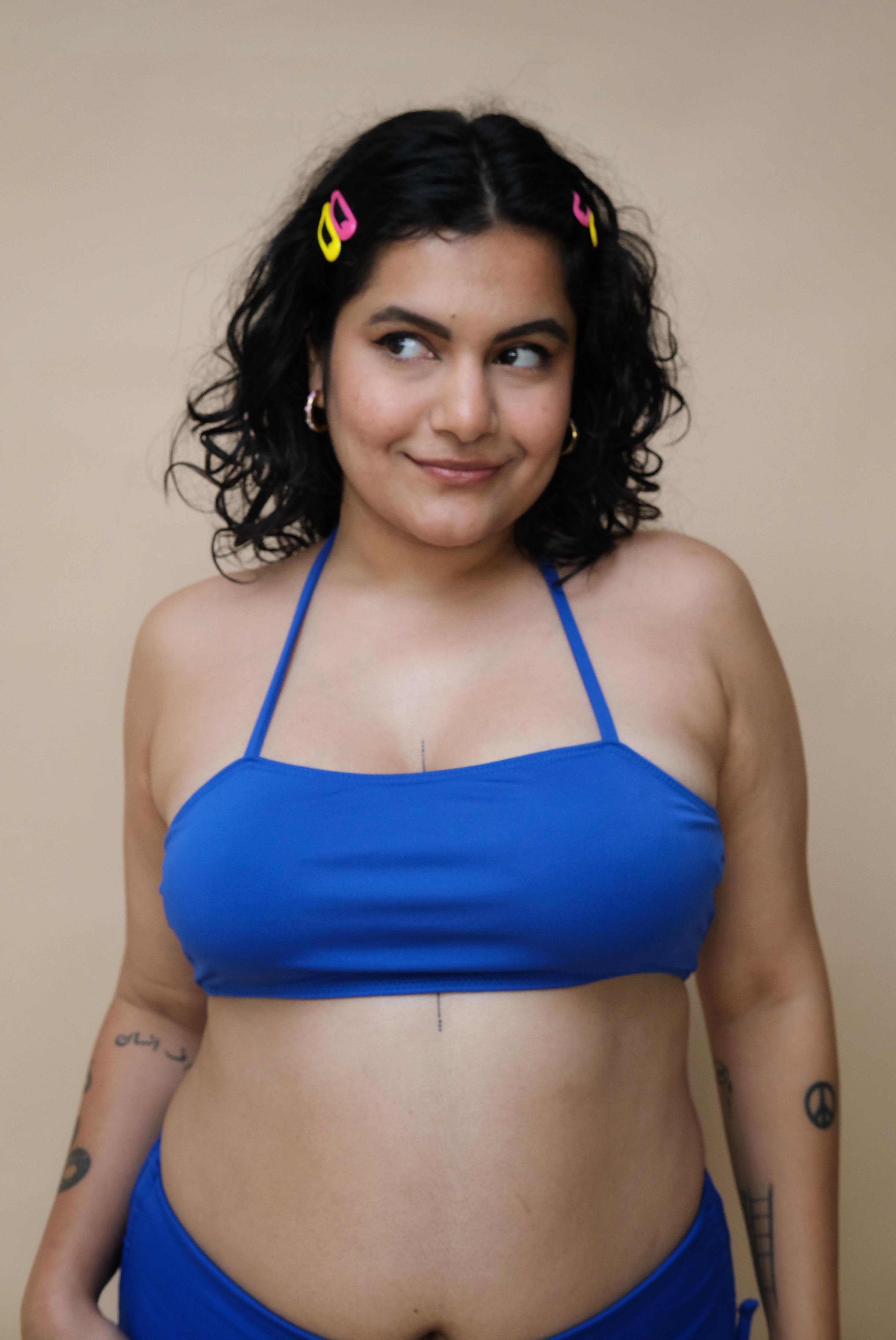 Woman wearing a blue bikini 