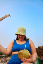 Woman in a blue swimsuit
