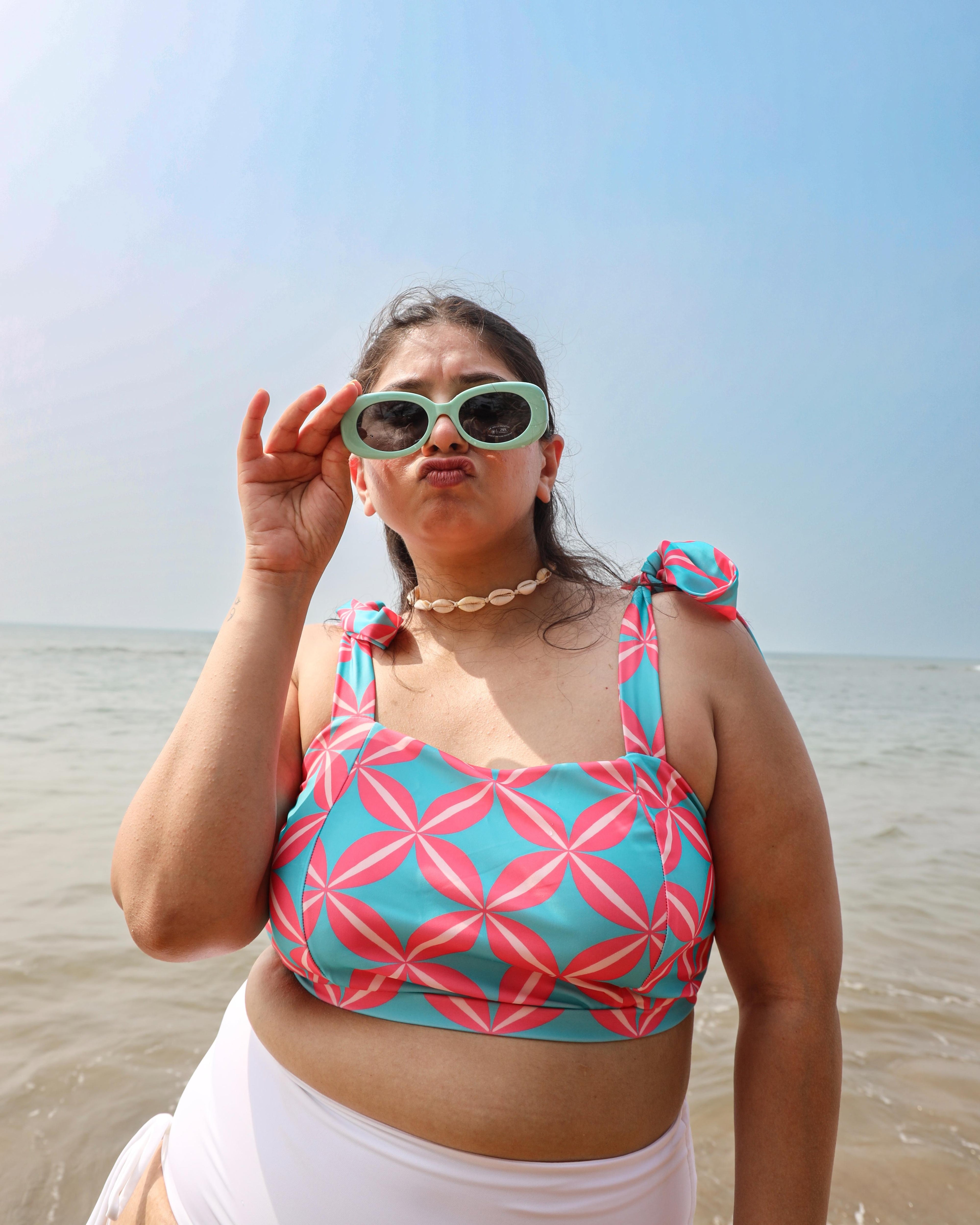 Woman in a colorful bikini top