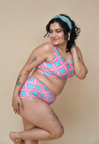 Woman wearing a colorful bikini set 