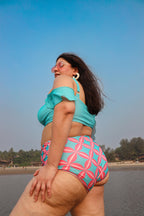 Woman in a colourful bikini set