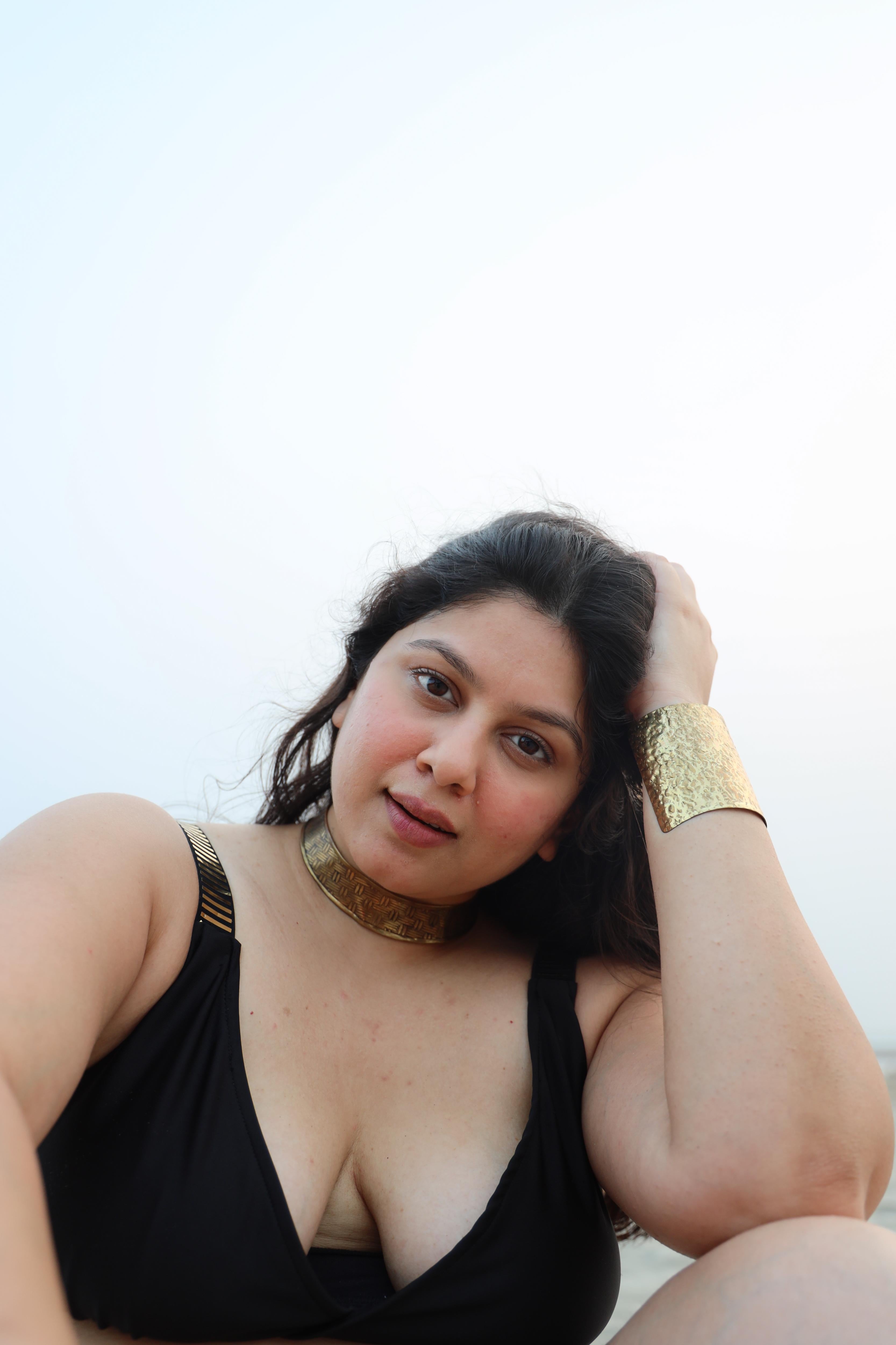 Woman wearing a black bikini top 